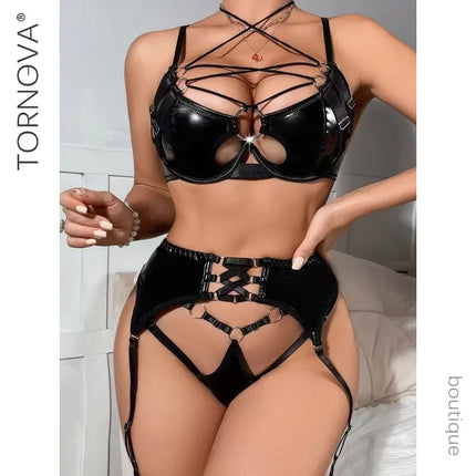 Tornova Erotic Lingerie Sexy Patent Leather PU Push-up Ring Buckle Stitching Hollow Backless Women Sexy Lingerie Three-piece Set