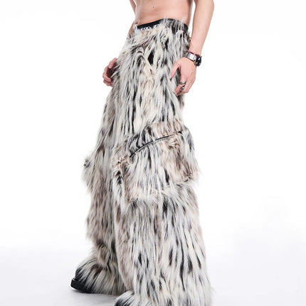 Mauroicardi Autumn Winter Long Colorful Thick Warm Hairy Fluffy Faux Fur Wide Leg Pants Men Pockets Runway Fashion Streetwear