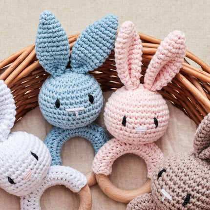Wooden Baby Rattle Toy Handmade Crochet Sensory Toy for Newborn 0-3 Months,  Rabbit Rattle Toys Baby Gift Travel Accessories