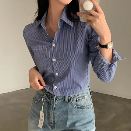 Spring High Waist Slim Fit Striped Shirt Women's Button up Polo Collar Cotton Polyester Blend Fashionable Korean Style