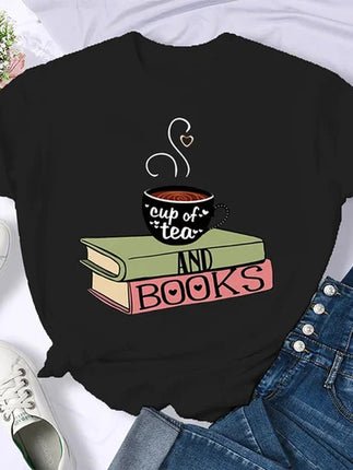 Coffee Books Brown books American retro T-shirt woman round neck half sleeve T-shirt printed T-shirt top woman oversized