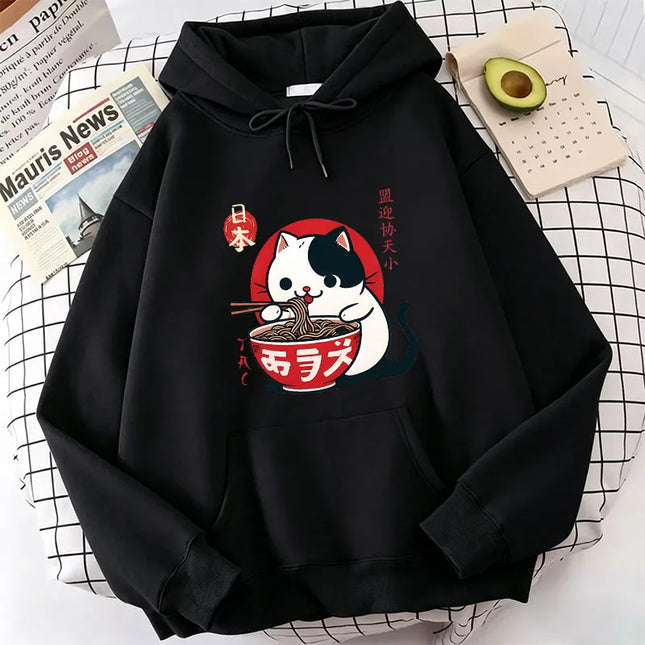 Japanese Style Cat Eat Ramen Hoodie Manga Cat Children's Sweatshirt Cute Hoody Casual Hoodies Spring Unisex Clothes