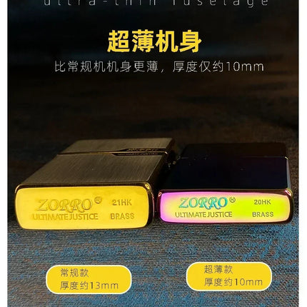 Zorro brass kerosene windproof lighter with personalized creativity, ultra-thin square angle smooth kerosene machine