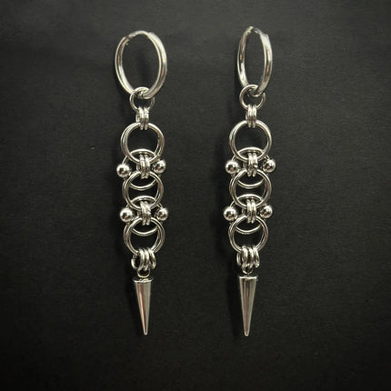 Gothic Punk Handmade Stainless Steel Spike Hoop Earrings for Women Grunge Y2K Byzantine Chainmail Chain Dangle Earrings