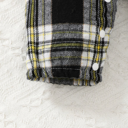 Newborn Literary Style Boy Baby Lapel False Strap Black Plaid Color Matching Jumpsuit Long Sleeve Button Cardigan Pantyband Hat