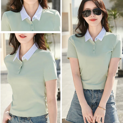 Summer New Cotton Polo Shirt Solid Color Polo Neck Short Sleeve High Waist Short Style Slim Fit Fashion Casual Women's Shirt