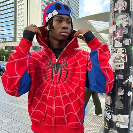 Red hoodie sweatshirt zipper warm Harajuku punk grunge Women Hip hop sweatshirt Hoodie Foam printing Y2k clothing Spider web