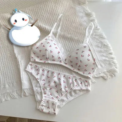 Japanese Kawaii Bralette Cherry Strawberry Print Delicate Lace Non-Wired Bra AB Cup Anti-Sagging Comfort UK Sizes BANERDANNI Bra