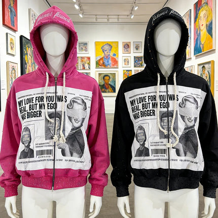 Vintage Portrait Letter Printed Funny Long Sleeve Loose Zipper Hoodies Y2K Autumn Winter Fashion Hip Hop Punk Grunge Casual Coat