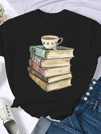 Coffee Books Brown books American retro T-shirt woman round neck half sleeve T-shirt printed T-shirt top woman oversized