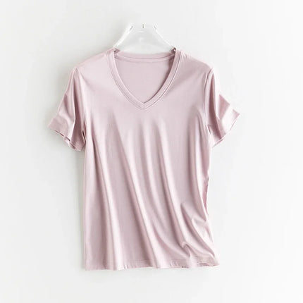 High-end New 10% Silk & Mercerized Cotton Women T-shirt Luxury Tee Short Sleeve Silky Feeling Summer Wear 2025 Tops V / O-neck