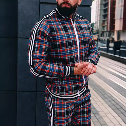 2025 Men Tracksuit 2pc Set Gym Hiking Plaid Zipper Hoodie Cargo Pants Autumn Athleisure Outfit Fleece Jogger Sportswear