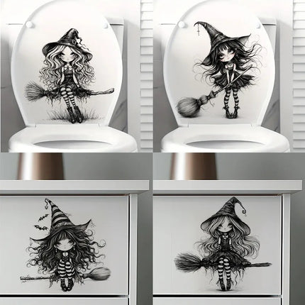 Whimsical Black Witch Self-Adhesive Wall Decal - Removable, Reusable PVC Sticker for Bathroom, Kitchen & Living Room Decor