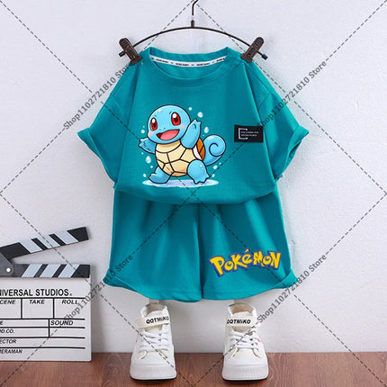 2pcs Pokemons Short-sleeved Shorts Summer Thin Waffle Clothes Suit Cartoon Anime Gengar Charmander Print Clothing Birthday Gift