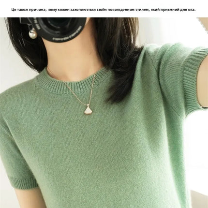 Summer New Women's Knitted Short Sleeve T-shirt Thin Wool Cashmere Short Sleeve Loose Fit Round Neck Top Outerwear Straight Cut