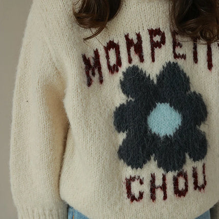 Girls' Letter Flower Pullover Sweater 2024 Spring and Autumn New Korean Children's Fashionable Knitted Sweater Casual Top