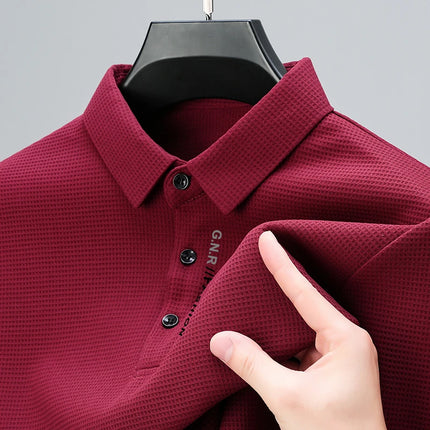Men's Waffle Long-Sleeved Polo Shirt with Letter-Printed Lapel Casual Top