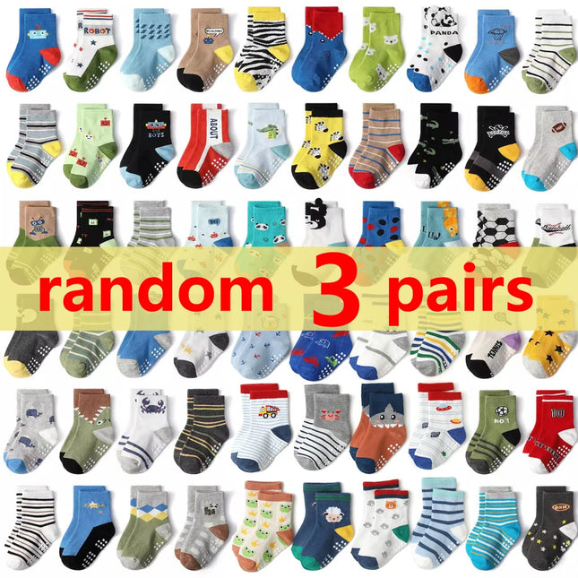 1/3/6/9/12 Pairs Kids Cotton Socks Sets for Baby Boys Non-slip Cute Cartoon Patterned Breathable Baby Trampoline Floor Socks