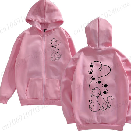 Dog and Cat Love Heart Graphic Fashion Zip Up Hoodies Women Autumn Long Sleeve Harajuku Y2K Clothes Female Sweatshirt Jackets