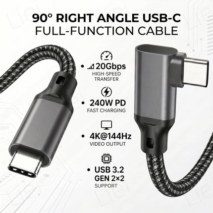20Gbps 5K/4K Monitor Display Cable L-shaped USB Type C Data Cable Right Angle 90° USB3.2 Gen2x2 Data Transfer 240W PD Charging