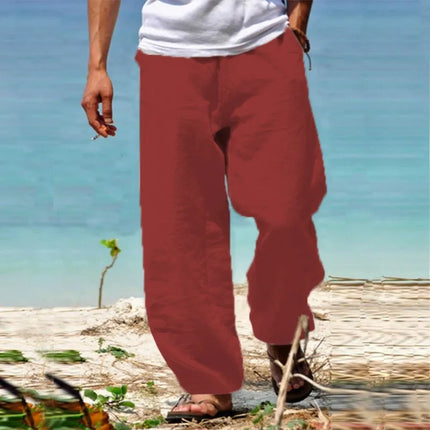 2026 Men's Linen Cotton Straight Tube Breathable Lightweight Beach Style Comfortable Casual Pants for Spring and Summer
