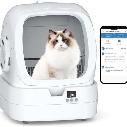 Self-Cleaning Cat Litter Box, APP Control, Weight Monitoring, Ultra-Quiet, Safe for Medium Cats & Kittens, White