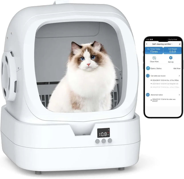 Self-Cleaning Cat Litter Box, APP Control, Weight Monitoring, Ultra-Quiet, Safe for Medium Cats & Kittens, White