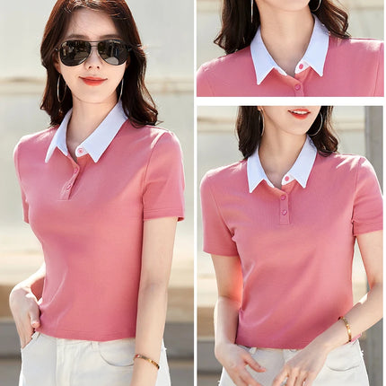 Summer New Cotton Polo Shirt Solid Color Polo Neck Short Sleeve High Waist Short Style Slim Fit Fashion Casual Women's Shirt