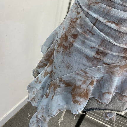 Women's Vintage Tie-dye Printed Mesh Spaghetti Strap Camisole Hot Girl Irregular Ruffled Ribbon Sleeveless Top Partyclub 1185