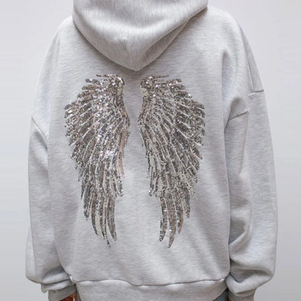 Women's Shinny Sequin Angel Wings Hooded Jacket Pant Long Sleeve Loose Casual Hooded Pullover 2025 New Lady Y2K Autumn Outwears