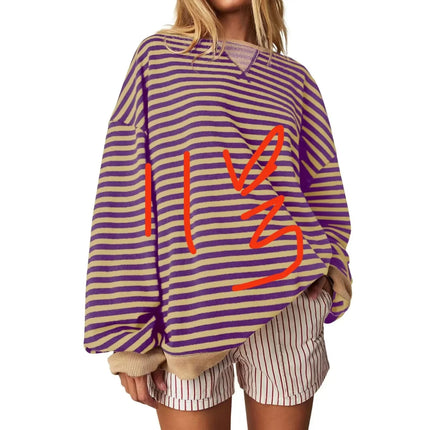 Casual Embroidered Striped Splicing Long Sleeve Crew Neck Pullover Hoodie Women's Clothing Comfortable Breathable Streetwear