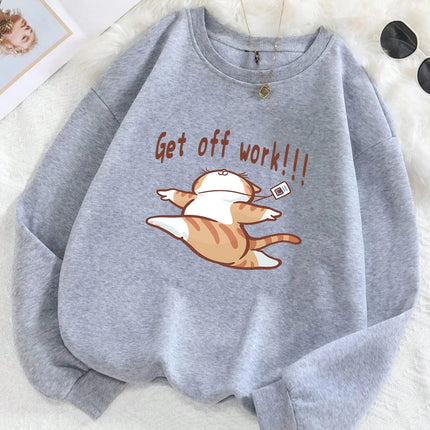 Get Off Work Happy Cat Prints Hoodies Women Winter Basics Pullovers Fleece Warm Soft Sweatshirts Casual Woman Autumn Clothes