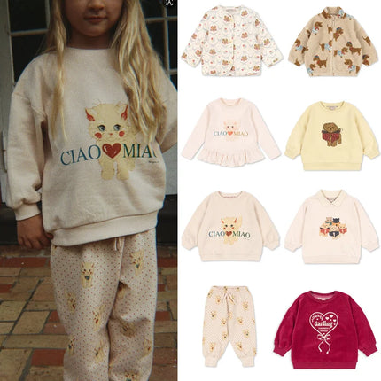 European American Girls Sweatshirts 2026 Spring Baby Boy Jacket Hoodies and Pant Suit Cat Print Pullover Top Clothes