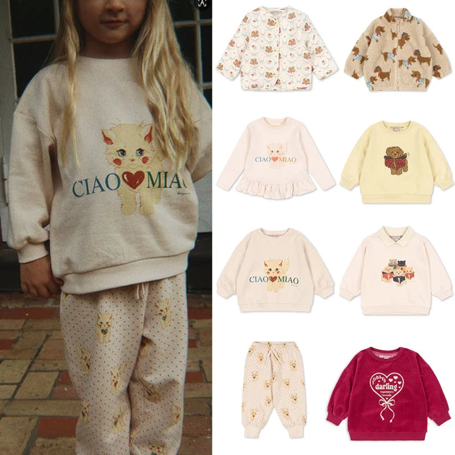 European American Girls Sweatshirts 2026 Spring Baby Boy Jacket Hoodies and Pant Suit Cat Print Pullover Top Clothes