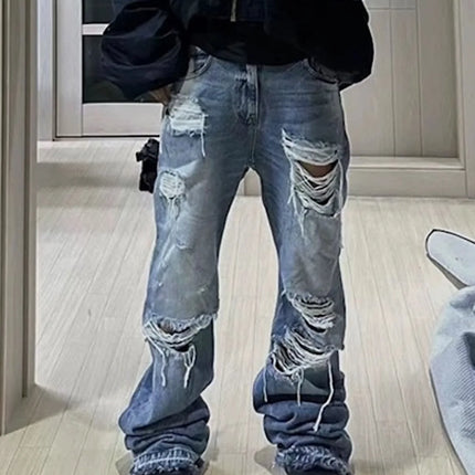 MIJKO Unisex Wide Leg Flared Jeans Torn Hole Cut with Cat Whisker Fringe Blue for Men And Women ZJ014