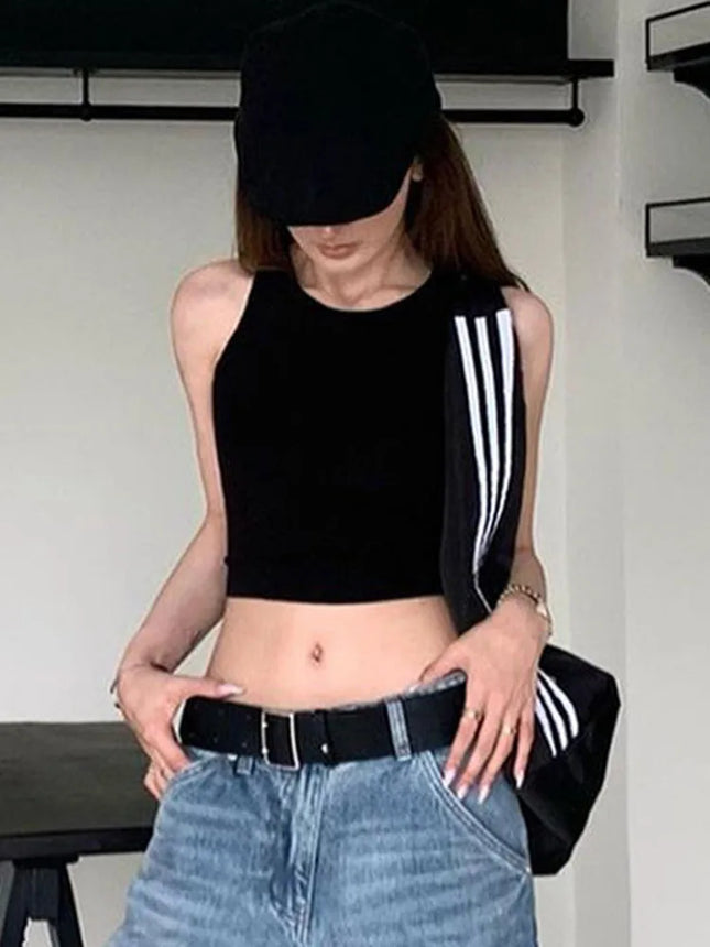 Y2K Women's Tops Backless Crop Top Sleeveless Sexy Cute Black Vest Tank Top Summer Cropped Vest Female 2000s Clothing