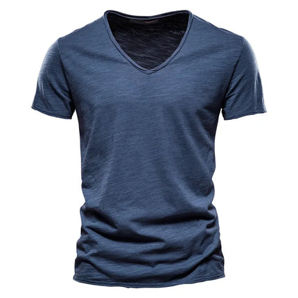 Brand Quality 100% Cotton Men's T-shirt V-neck Fashion Design Slim Fit Solid T-shirts Male Tops Tees Short Sleeve T-Shirt For Men