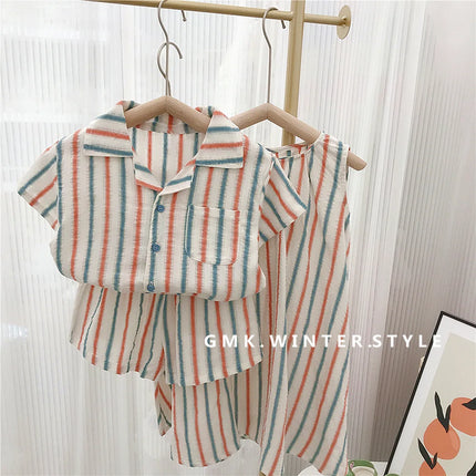 Summer Toddler Siblings Attire Turn Down Collar Top Striped Shorts Infant Boy Suit Loose Sleeveless Retro Dress Baby Girl Outfit