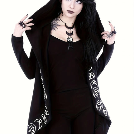 Enchanting Gothic Hooded Cardigan - Witchcraft-Inspired Design, Cozy Long Sleeves, Versatile for Casual Wear