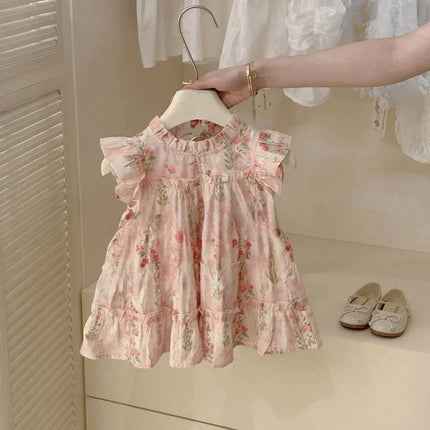 Summer Floral Print Lace Flutter Sleeve Layered Baby Girl Princess Dress Cute Flower Girl Dress With Bag