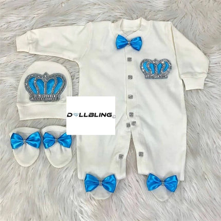 Original UK Prince Take Me Home Outfit Baby Crown Jewels set Baptism Bling Outfit Rubybelleb Light Blue 3pcs Layette Swaddle Set