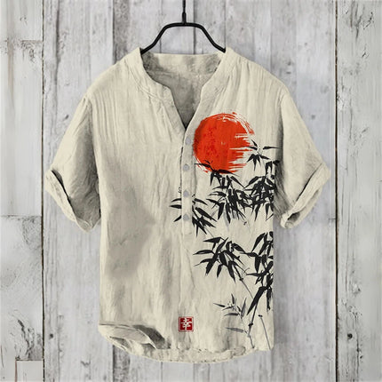 Chinese Retro Men's Short-Sleeved POLO Shirt Linen Blended Printed Clothing Comfortable High Quality Large Size Men's Tops