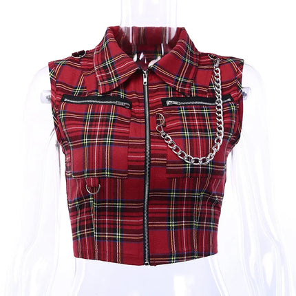 Plaid Punk Streetwear Zipper Chain Plaid Female Goth Retro Hip Hop Camisole Top Gothic Chic Sexy Crop Tops Women T-shirt