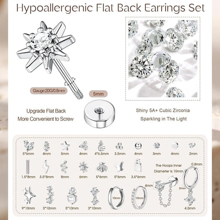 Bobisty 1pc Earrings for Sensitive Ears Surgical Stainless Steel Earrings for Women Dainty Flat Back Earring Stud Hoop Cartilage