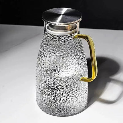 Premium Hammered Glass Pitcher–Dual-Function Lid,Ergonomic Handle, Smooth Pouring Spout–Heat Resistant Water Carafe for Home