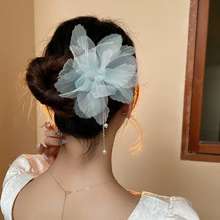 New Chinese Style Gentle Gradient Fabric Flower Hair Sticks for Women Sweet Chains Tassel Imitation Pearl Hairpin Fairy Headwear