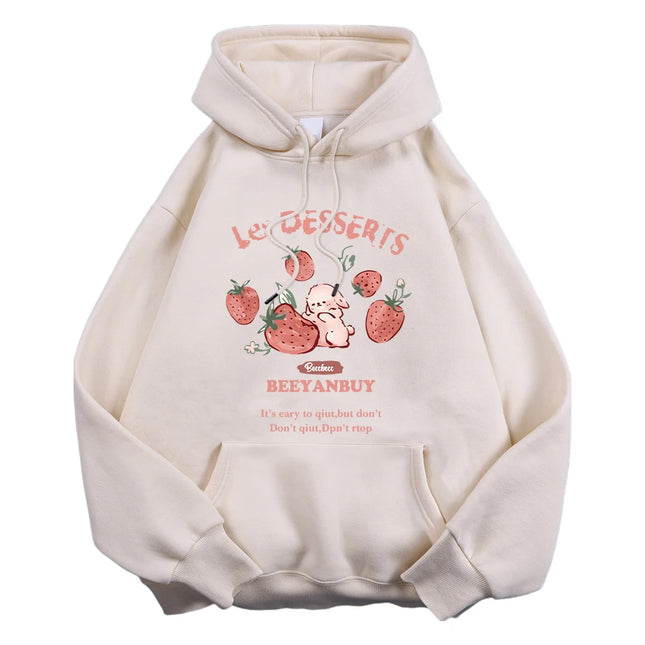 Fashion Women'S Hoodie Cute Strawberry And Rabbit Printed Sweatshirt Pocket Soft Warm Breathable Pullover Autumn Winter Hoody