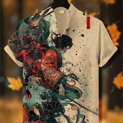 Men's short-sleeved shirt with samurai print and stylish ink painting design, summer casual men's top, trendy retro streetwear.