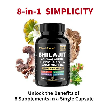 Shilajit Supplement, 8 in 1 Himalayan Shilajit Capsules for Men Women with Ashwagandha, Rhodiola Rosea, Panax, Ginseng 60 Count