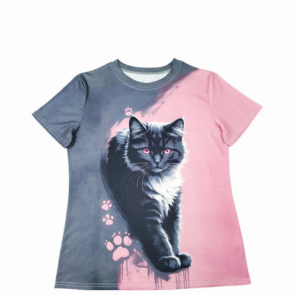 Two-Tone Women's Tee - Black & White Cat with Pink Eyes Graphic, Cute Paw Print Print Design for Casual Daily Wear